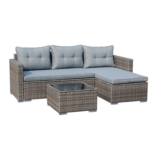 JARDINA 3PCS Outdoor Patio Furniture Sofa Set All-Weather Wicker Rattan with Cushions Tempered Glass Coffee Table 1