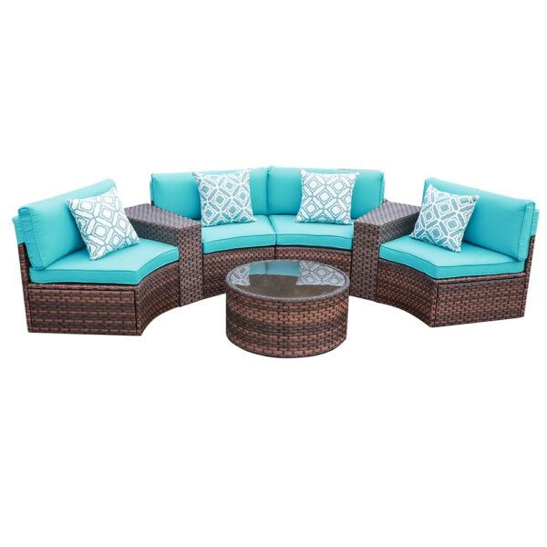 JARDINA 7PCS Outdoor Patio Furniture Half-Moon Brown Rattan Sofa Set with Coffee Table Cushions Pillows 3