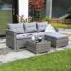 JARDINA 3PCS Outdoor Patio Furniture Sofa Set All-Weather Wicker Rattan with Cushions Tempered Glass Coffee Table 2