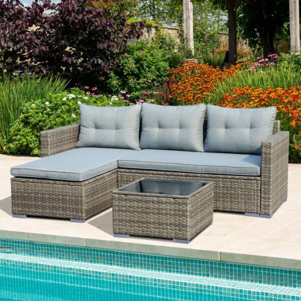 JARDINA 3PCS Outdoor Patio Furniture Sofa Set All-Weather Wicker Rattan with Cushions Tempered Glass Coffee Table 3
