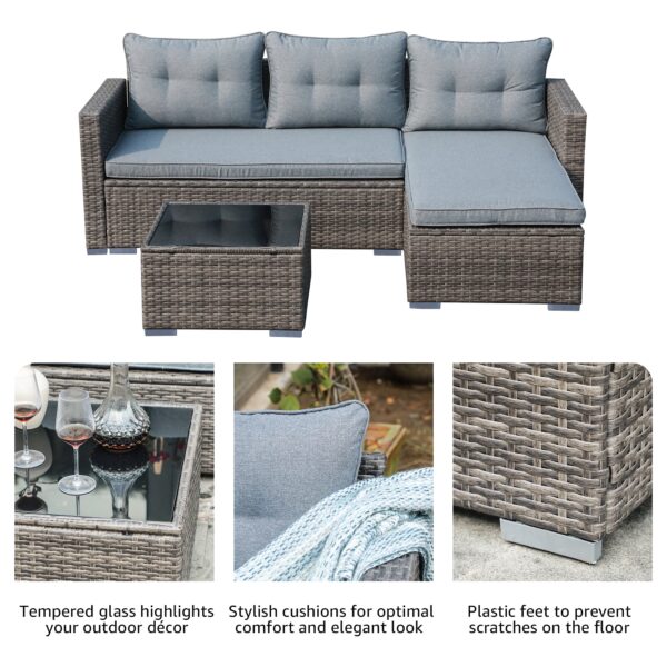 JARDINA 3PCS Outdoor Patio Furniture Sofa Set All-Weather Wicker Rattan with Cushions Tempered Glass Coffee Table 4