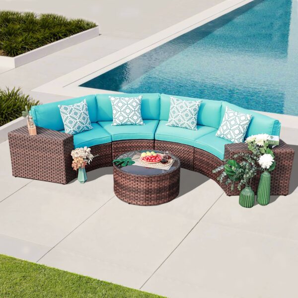 JARDINA 7PCS Outdoor Patio Furniture Half-Moon Brown Rattan Sofa Set with Coffee Table Cushions Pillows 2