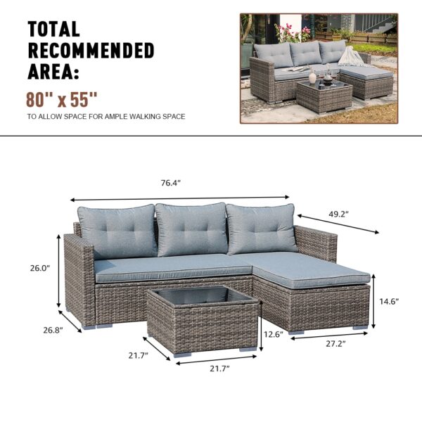 JARDINA 3PCS Outdoor Patio Furniture Sofa Set All-Weather Wicker Rattan with Cushions Tempered Glass Coffee Table 6