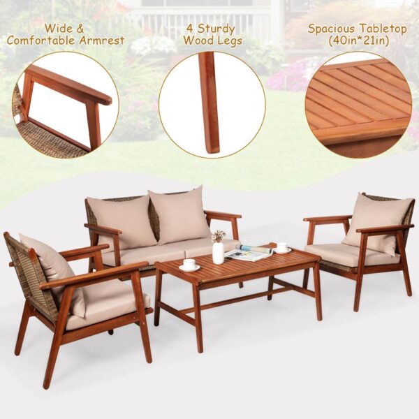 8PCS Patio Rattan Furniture Set Acacia Wood Frame Cushioned Sofa Chair Garden 2*HW66517+ 6