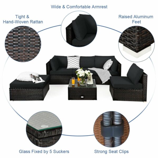 Patiojoy 6PCS Outdoor Patio Rattan Furniture Set Cushioned Sectional Sofa Black HW63878BK+ 5