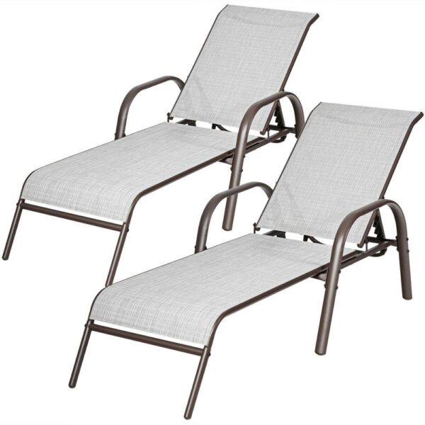 Set of 2 Patio Lounge Chairs Sling Chaise Lounges Recliner Adjustable Back OP70508-2 1