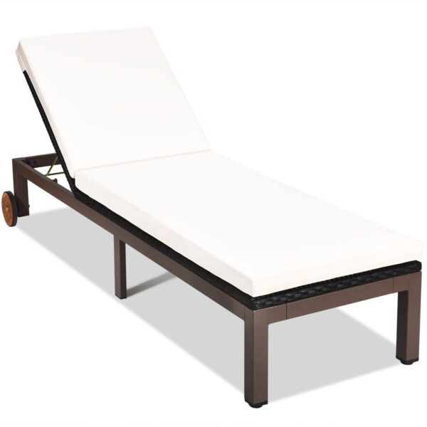 Patio Rattan Lounge Chair Chaise Recliner Back Adjustable Cushioned W/Wheels HW63222 1