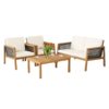 Patiojoy 4PCS Patio Rattan Furniture Set Acacia Wood Cushioned Sofa Off White 1