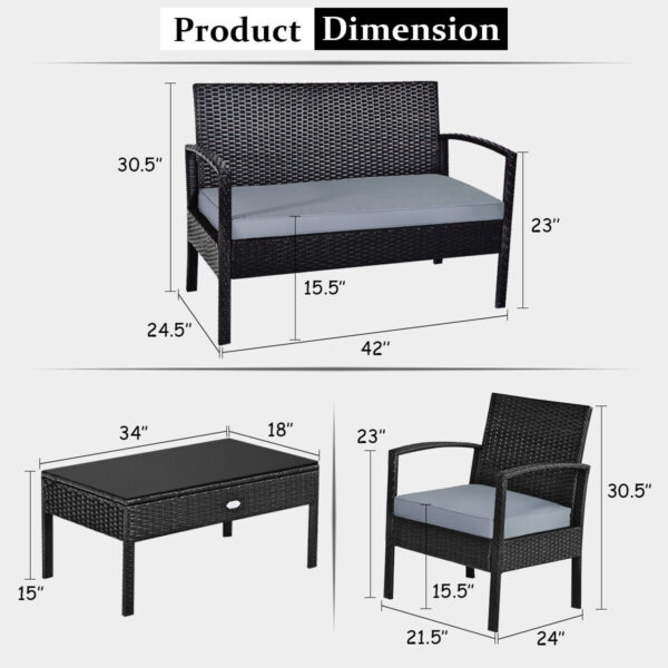 4PCS Outdoor Patio Rattan Furniture Set Cushioned Sofa Coffee Table Garden Deck HW63756 2