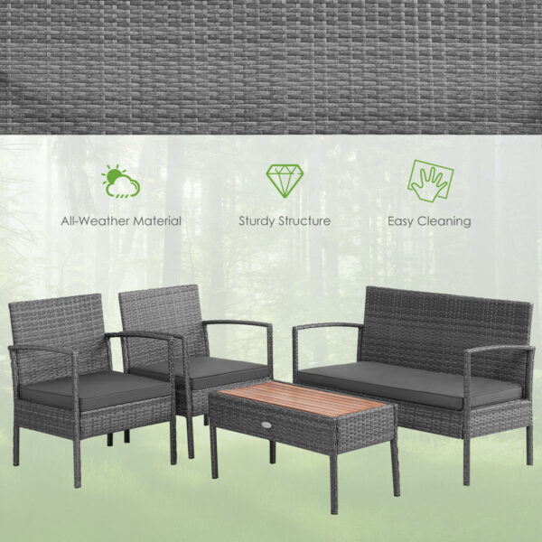 Patiojoy 4PCS Patio Rattan Furniture Set Cushioned Chair Wooden Tabletop Gray HW68940 4