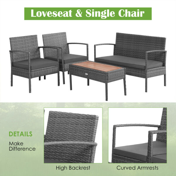 Patiojoy 4PCS Patio Rattan Furniture Set Cushioned Chair Wooden Tabletop Gray HW68940 3