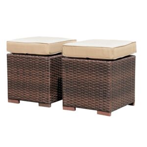 JARDINA Living Room Furniture Rattan Wicker Ottoman 2 Pieces Footstool Footrest Seat with Cushions 1