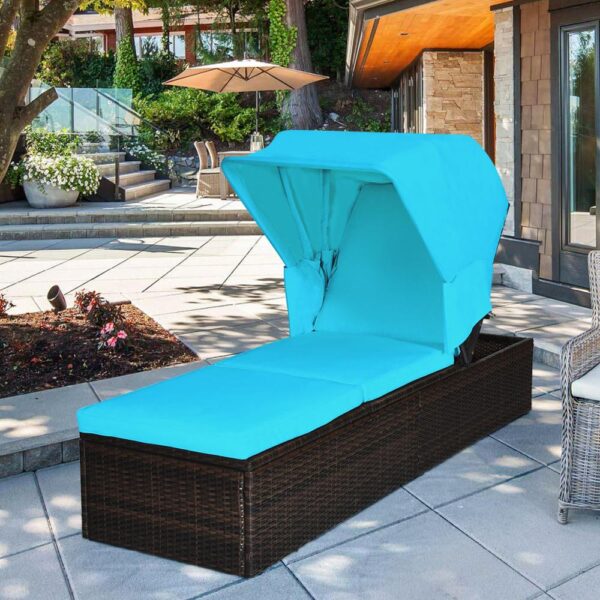 Patio Rattan Lounge Chair Chaise Cushioned Top Canopy Adjustable W/Tea Table HW65958 4