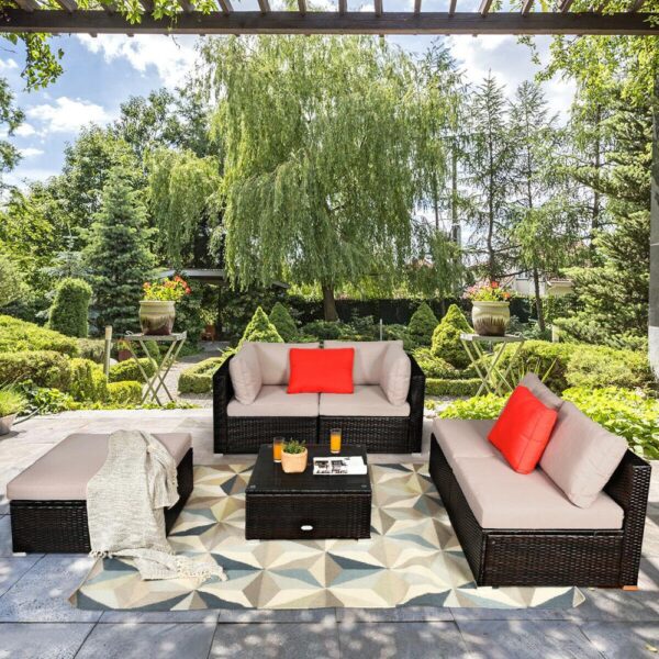 6PCS Outdoor Patio Rattan Furniture Set Cushioned Sectional Sofa Ottoman HW63878+ 4