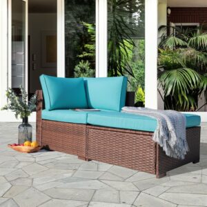 JARDINA 2PCS Outdoor Patio Sectional Furniture Sofa Armchair Wicker Sofa Ottoman with Turquoise Cushion 2