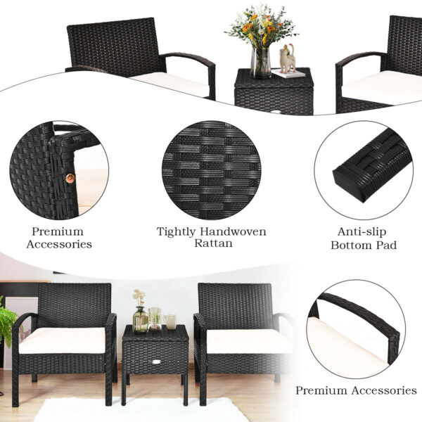 Patiojoy 3PCS Patio Rattan Furniture Set Storage Table Cushioned Sofa Black HW63757WH 5