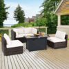 Patiojoy 6PCS Patio Furniture Set Rattan Cushioned Gas Fire Pit Table Off White 3
