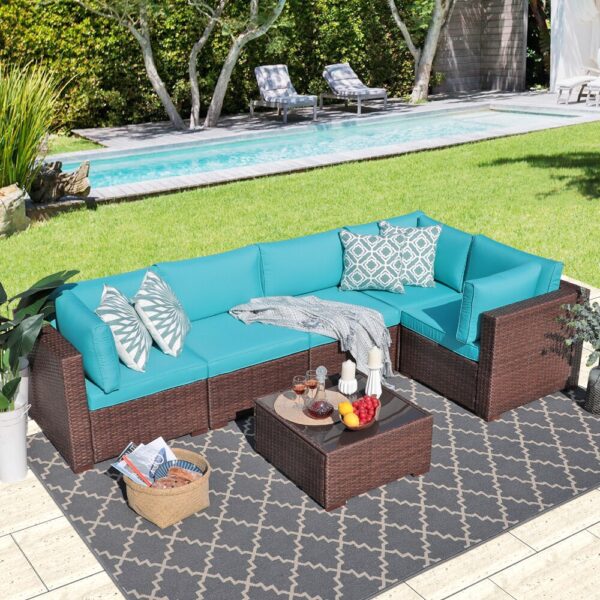 JARDINA 6PCS Patio Furniture Outdoor Sectional Conversation Sofa Set Brown Wicker with Cushions and Glass Coffee Table 3
