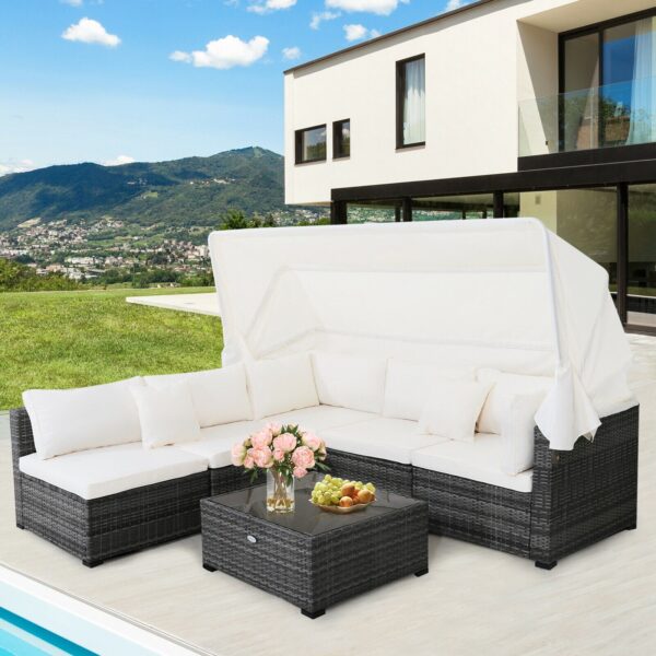 6-Piece Outdoor Patio Furniture Set Retractable Canopy Conversation Set HW69177+ 3