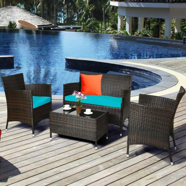4PCS Rattan Patio Furniture Set Cushioned Sofa Chair Coffee TableTurquoise HW63214 3