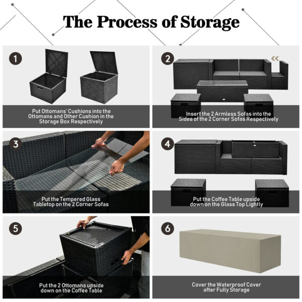 Patiojoy 8PCS Patio Rattan Furniture Set Storage Table Ottoman Black HW68605DK+ 5