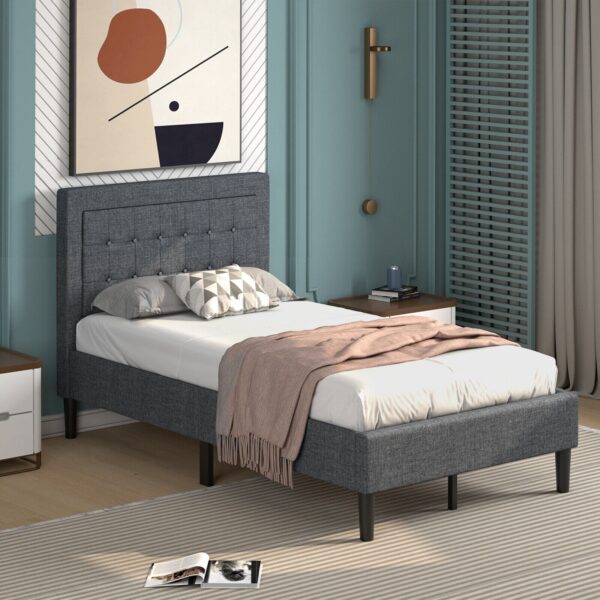 Costway Twin Size Upholstered Bed Frame Button Tufted Headboard Mattress Foundation Grey 3