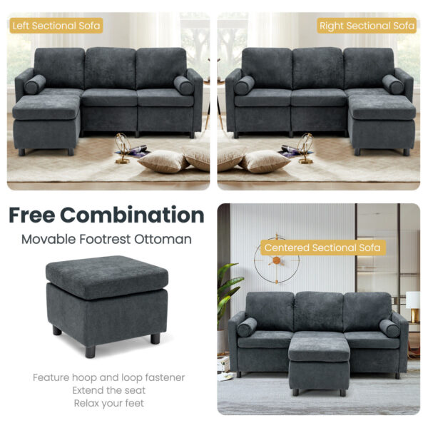 Costway Convertible Sectional Sofa 3 Seat L-Shape Couch Movable Ottoman Toweling Fabric 5