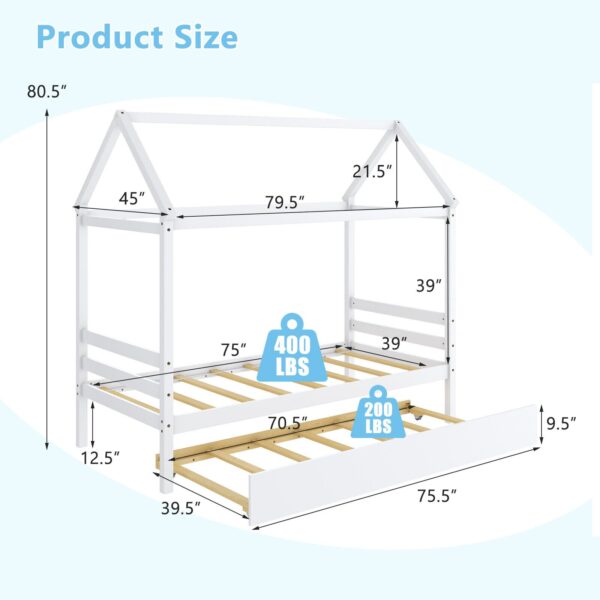 Costway Twin House Bed Frame w/ Trundle Roof Wooden Platform Mattress Foundation White 2
