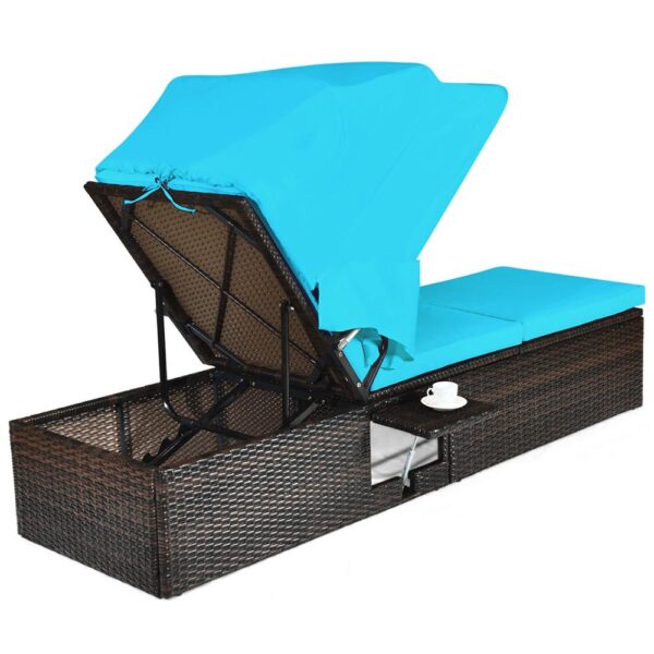 Patio Rattan Lounge Chair Chaise Cushioned Top Canopy Adjustable W/Tea Table HW65958 6