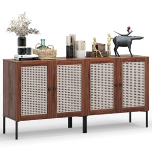 Costway Set of 2 Rattan Buffet Sideboard Wine Cabinet Cupboard w/Adjustable Shelf Walnut 1