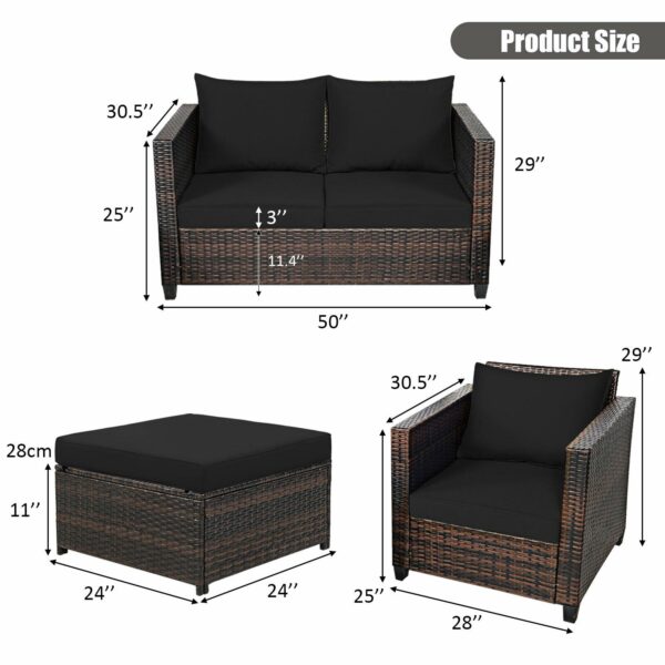 Patiojoy 5PCS Patio Rattan Furniture Set Loveseat Sofa Ottoman Cushioned Black HW67697ABK+ 6