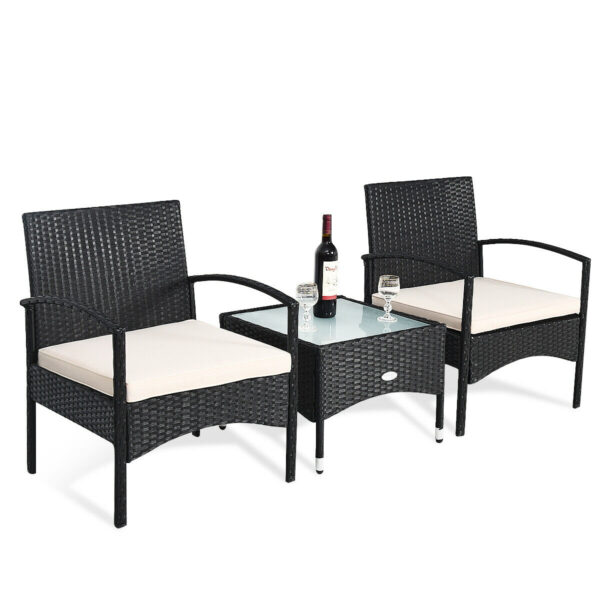 3 PCS Patio Wicker Rattan Furniture Set Coffee Table & 2 Rattan Chair W/Cushion HW68962 1