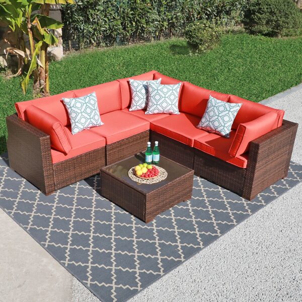 JARDINA 6PCS Patio Furniture Outdoor Sectional Conversation Sofa Set Brown Wicker with Cushions and Glass Coffee Table 1