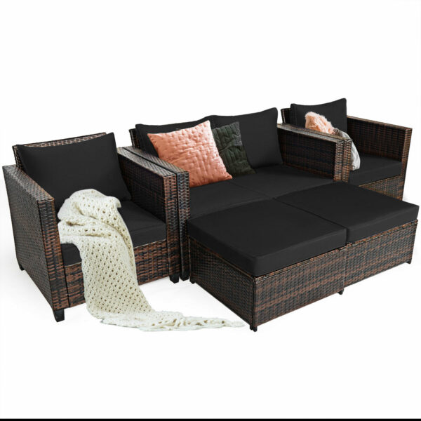 Patiojoy 5PCS Patio Rattan Furniture Set Loveseat Sofa Ottoman Cushioned Black HW67697ABK+ 1