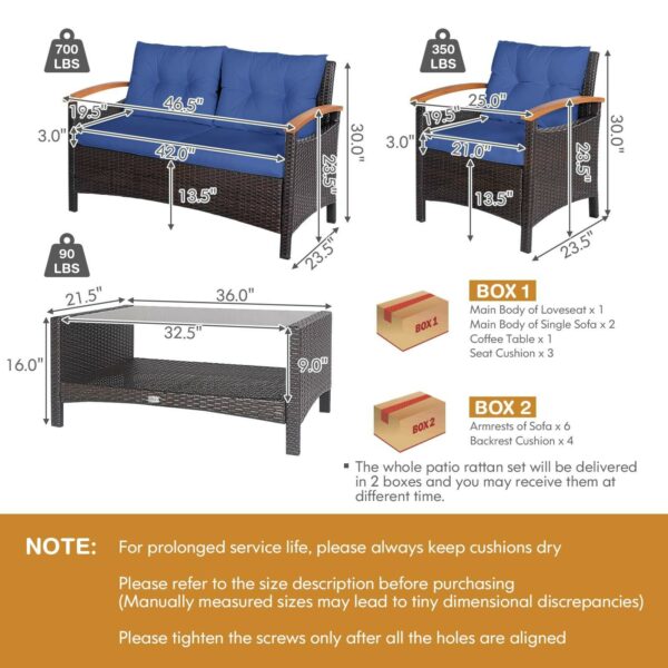 Patiojoy 4PCS Patio Rattan Furniture Set Cushioned Sofa Storage Table Navy 6
