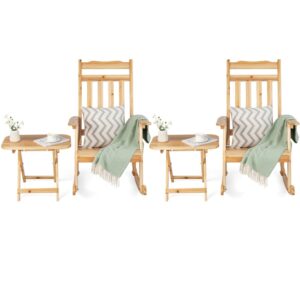 Costway 4PCS Patio Wooden Rocking Chair Bistro Set High Backrest W/Folding Side Table 1