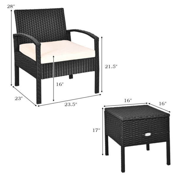 Patiojoy 3PCS Patio Rattan Furniture Set Storage Table Cushioned Sofa Black HW63757WH 6
