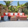 JARDINA 7PCS Outdoor Patio All Weather Rattan Furniture Sofa Set Couch Chair Ottoman with Glass Top Coffee Table Brown Wicker 2