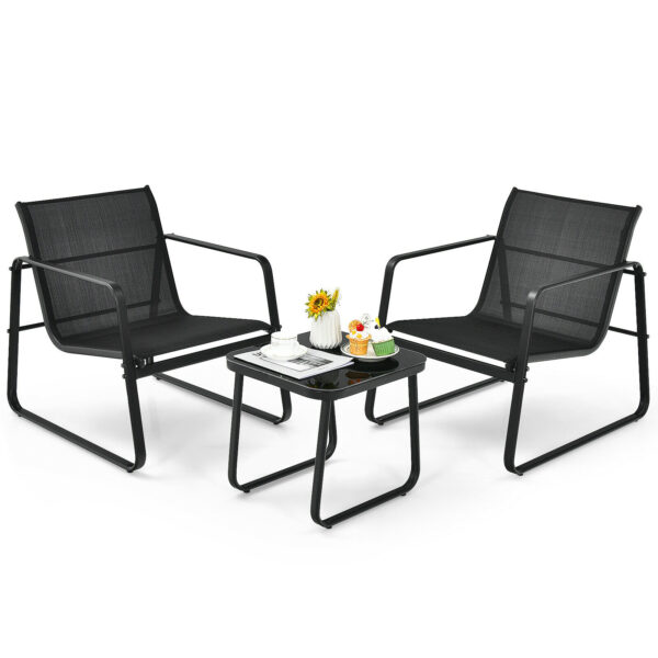 Patiojoy 3PCS Patio Bistro Furniture Set Glass Top Table Garden Deck Black NP10061BK 1