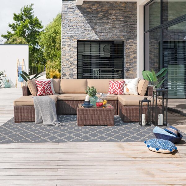 JARDINA 7PCS Outdoor Patio All Weather Rattan Furniture Sofa Set Couch Chair Ottoman with Glass Top Coffee Table Brown Wicker 4