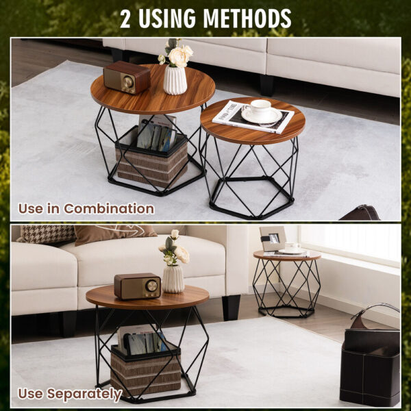 Costway Round Coffee Table Set of 2 Modern Accent Side Table w/ Steel Base Rustic Brown 5
