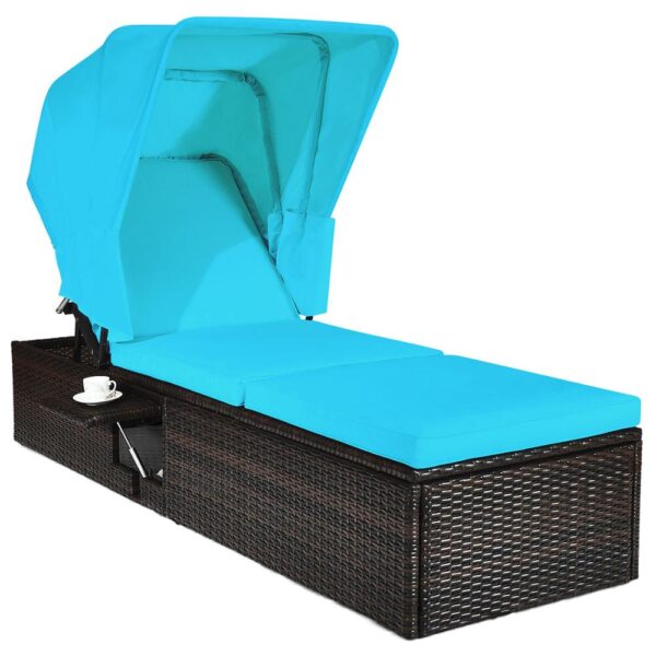 Patio Rattan Lounge Chair Chaise Cushioned Top Canopy Adjustable W/Tea Table HW65958 1