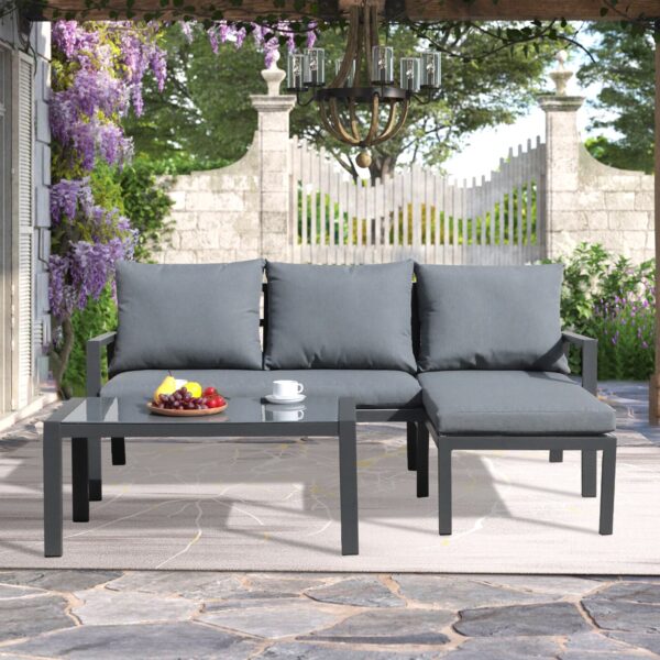JARDINA 3PCS Outdoor Patio Furniture Set with Chaise Lounge, Aluminum Sofa Set with Glass Coffee Table 2