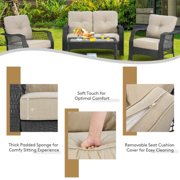 Patiojoy 4PCS Patio Wicker Furniture Set Loveseat Sofa Coffee Table W/ Cushion NP10087WL-BE 5