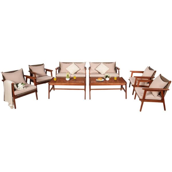 8PCS Patio Rattan Furniture Set Acacia Wood Frame Cushioned Sofa Chair Garden 2*HW66517+ 1