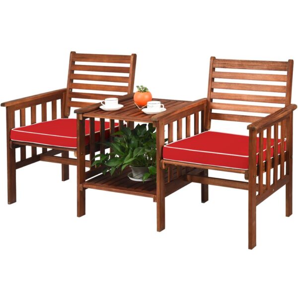 Patio Loveseat Set Acacia Wood Chair Coffee Table Cushioned Umbrella Hole OP70605 1