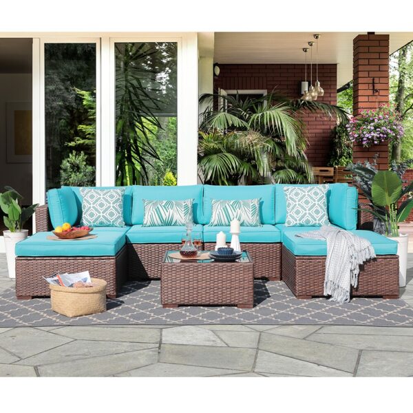 JARDINA 7PCS Outdoor Patio All Weather Rattan Furniture Sofa Set Couch Chair Ottoman with Glass Top Coffee Table Brown Wicker 1