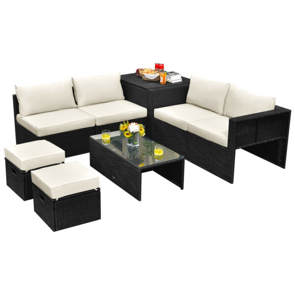 Patiojoy 8PCS Patio Rattan Furniture Set Storage Table Ottoman Off White HW68605WH+ 1