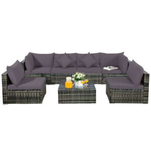 Patiojoy 7PCS Patio Rattan Furniture Set Sectional Sofa Garden Gray Cushion HW68058 1