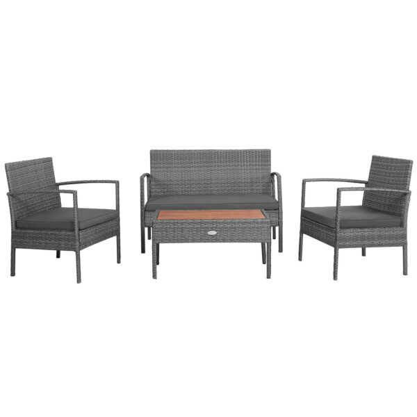 Patiojoy 4PCS Patio Rattan Furniture Set Cushioned Chair Wooden Tabletop Gray HW68940 1